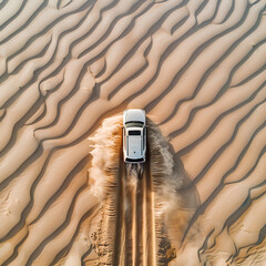 Poster - car moves through deep sand in the desert top view