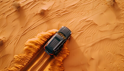 Poster - car moves through deep sand in the desert top view