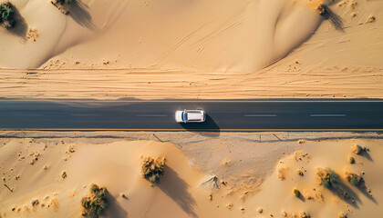 Poster - car moves along an asphalt road in the desert top view