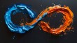 infinity symbol made of orange and blue ink on black background
