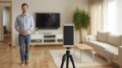 Blurred man standing behind a smartphone on a tripod, living room background.