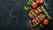 Top view grilled rib eye beef steak, herbs and spices on dark stone background. AI generated image