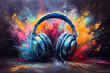 Pair of headphones are depicted in artistic colorful manner.