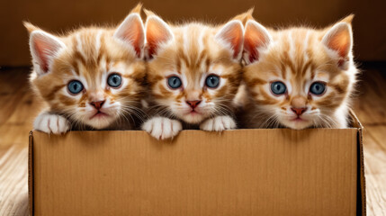 Poster - Three kitties peek out from box their eyes are wide open and they look curious.