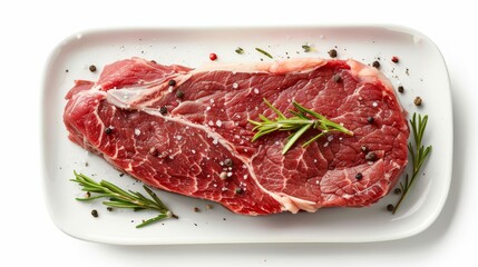 Poster - Isolated raw beef steak on white background, top view