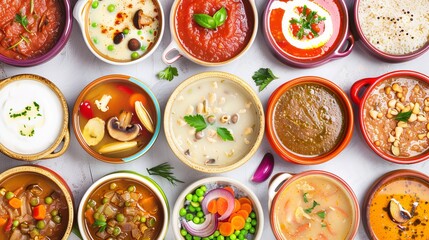 Poster - Various restaurant hot dishes in white. Japanese miso, Chinese fish soup, Russian borscht, English pea soup, mushroom soup, Spanish gazpacho. Top view.