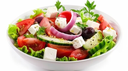 Poster - Cheese and fresh vegetables salad on white background. Greek salad.