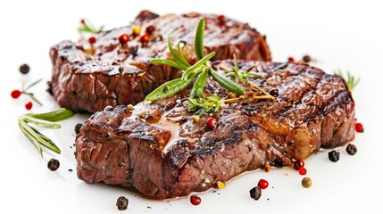 Poster - A grilled steak with spices on a white background is isolated