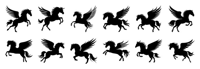 Pegasus silhouettes set, large pack of vector silhouette design, isolated white background.