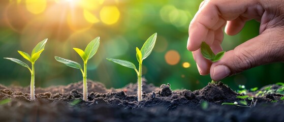 Canvas Print - The hand of a farmer nurturing a tree growing on fertile soil with bokeh background. The concept of Earth Day is to protect nature.