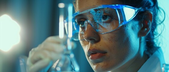 Poster - Female Scientist Using Micropipette for Test Analysis in Medical Research Laboratory. Advanced Development Lab for Biotechnology, Microbiology, Medicine.