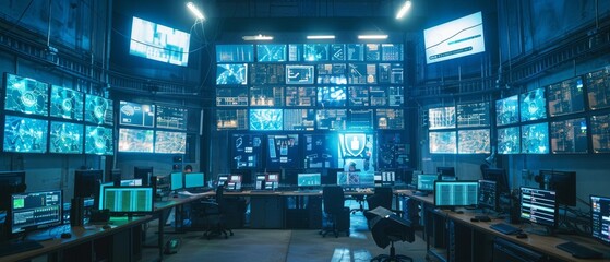 Leinwandbilder - Security Control Room with Multipoke Computer Screens Displaying Camera Footage Feeds. High-Tech Security in a Factory 4.0.