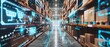 A futuristic technology retail warehouse that analyzes goods, cardboard boxes, and products delivery information in logistics and distribution centers using Industry 4.0 processes