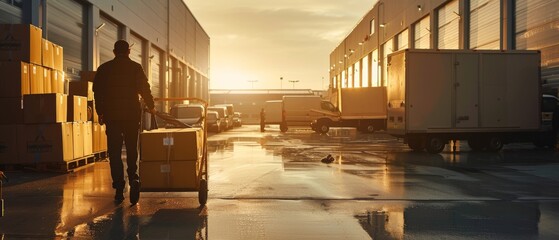 Canvas Print - An evening shot of a worker unloading cardboard boxes from an outside Logistics Distributions warehouse delivery van. Online orders, purchases, e-commerce goods, food, medical supplies.