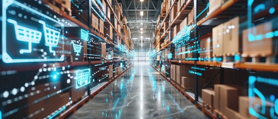 Canvas Print - A futuristic technology retail warehouse that analyzes goods, cardboard boxes, and products delivery information in logistics and distribution centers using Industry 4.0 processes