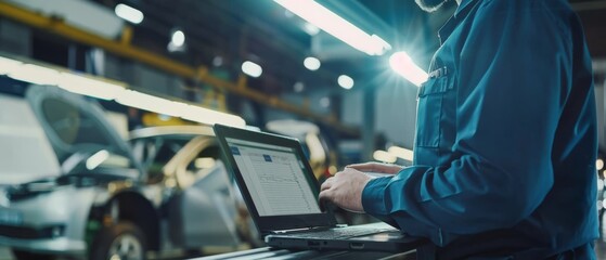 Fototapete - Engineering work uniformed worker using spreadsheet software at a manufacturing facility devoted to vehicle production.