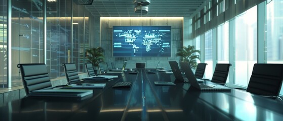 Aufkleber - Empty meeting room with big table and laptops, on the wall a big TV with big data, statistics, slides about company growth. Contemporary designed workspace.