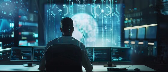 Poster - Work is being done at his computer by a System Administration and Machine Learning Engineer who plans and performs work to expand the network structure of an enterprise.