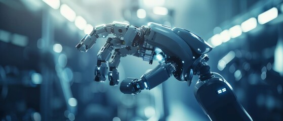 Poster - Robot Arm Moving at Different Directions. High Tech Industrial Technology Using Modern Machine Learning. Mass Production Automatics. Close Up.