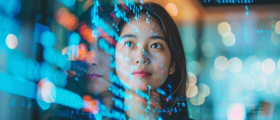 Aufkleber - Software Developer Working on Innovative e-Commerce App using AI, Big Data, and projecting lines of code on her face. Asian Female Startup Digital Entrepreneur with Computer and Line of Code