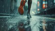 Close up rear view urban sport runner legs running on the rain wet street background. AI generated