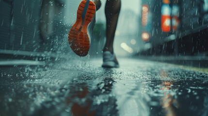 Wall Mural - Close up rear view urban sport runner legs running on the rain wet street background. AI generated