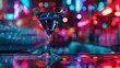 Vibrant neon lights reflecting off a martini glass, urban night vibe low texture