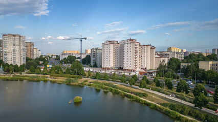 Sticker - Residential buildings over Balaton Lake in Goclaw area, South Praga district of Warsaw, Poland