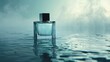 Perfume bottle shrouded in mist, with a serene water background low noise