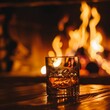 Glass of whiskey with a backdrop of warm fireplace flames, cozy atmosphere low noise