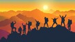 Silhouettes of a group of tourists posing joyfully on the mountain. Is it success as a team or freedom?