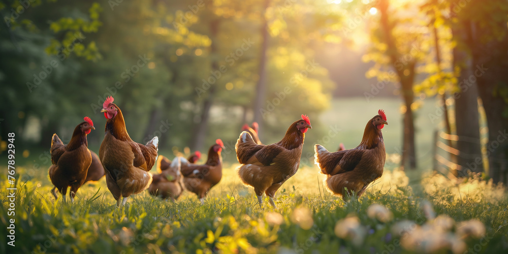 Hens and chickens on a farmland. Farm animals, agriculture and rural ...