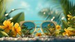 Summer background with sunglasses and tropical flowers, palm tree leaves on a sunny day