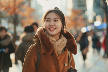 Asian Woman walking in the city streets, smiling with blonde hair, showcasing urban fashion in casual autumn attire