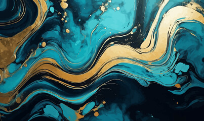 Poster - liquid paint artwork with fluid formation, paint swirls colorful gold marble teal luxurious seamless illustration