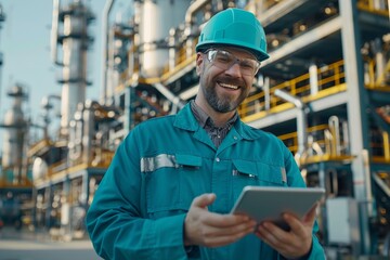 Poster - Portrait of smiling male refinery technician in uniform, safety hard hat and protective goggles. Mature Caucasian man uses a digital tablet to control settings of technological equipment.