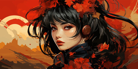 Wall Mural - Japanese anime warrior girl. Samurai of Japan. vector