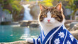 紅葉シーズンの温泉と浴衣を着た看板猫