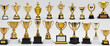 © Fukurou - transparent png background cutouts of cup trophies and award collection Set in different styles and colors for sport winning achievements and leadership success concepts colorful background