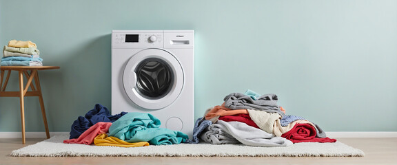 washing machine with pile of clothes and foam as wide banner for buying new washing machine or household work with copy space area -   colorful background