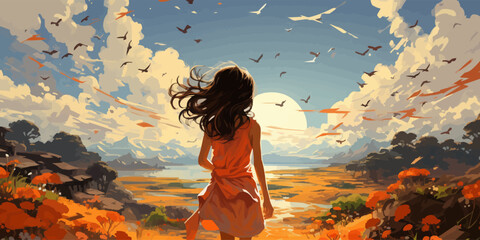 Wall Mural - A girl is walking in a field with a large sun in the sky