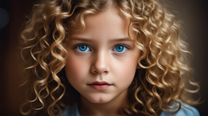 Poster - A young girl with blonde hair and blue eyes is staring at the camera. The image has a warm and friendly mood, as the girl's smile and bright blue eyes convey a sense of happiness and confidence