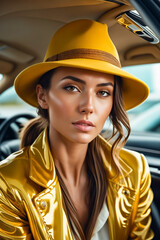 Poster - A woman in a yellow hat and a gold jacket is posing for a photo. The image has a bright and cheerful mood, with the woman's smile and the gold color of her outfit