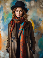 Sticker - A woman wearing a hat and a scarf stands in front of a colorful background. The woman is posing for a photo, and the overall mood of the image is cheerful and vibrant