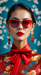 Poster - A woman wearing red glasses and red earrings