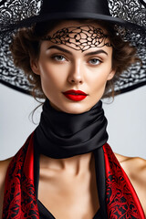 Poster - A woman wearing a black hat and red lipstick poses for a photo. The image has a vintage and elegant feel to it, with the woman's outfit and accessories giving off a sense of sophistication and glamour