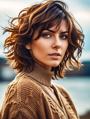 Poster - A woman with brown hair and a brown sweater is posing for a photo. She has a nice smile and her hair is styled in a way that makes it look voluminous. The photo has a warm and inviting mood