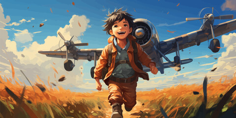 Wall Mural - the boy flying in the sky with the planes, digital art style, illustration paintin