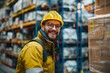 © Georgii - Portrait of male worker in workwear and hard hat in warehouse. Smiling confident freight handler standing in warehouse aisle. Tall stacks of pallets with cargo in the background.