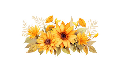 Wall Mural - Watercolor illustration sunflowers, summer, autumn yellow, orange flowers, fall